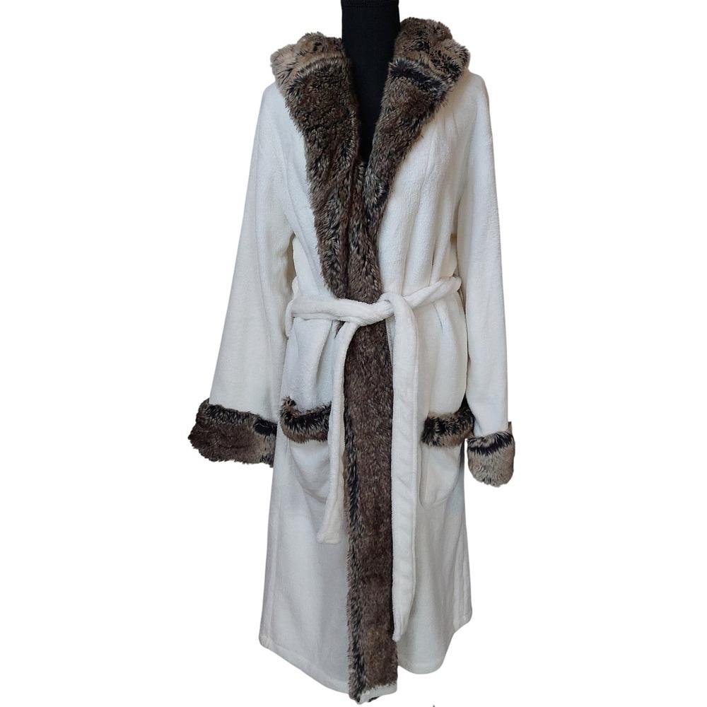 Pottery Barn Faux Fur Trim Hooded Robe Ivory White Plush‎ Fleece Size Large